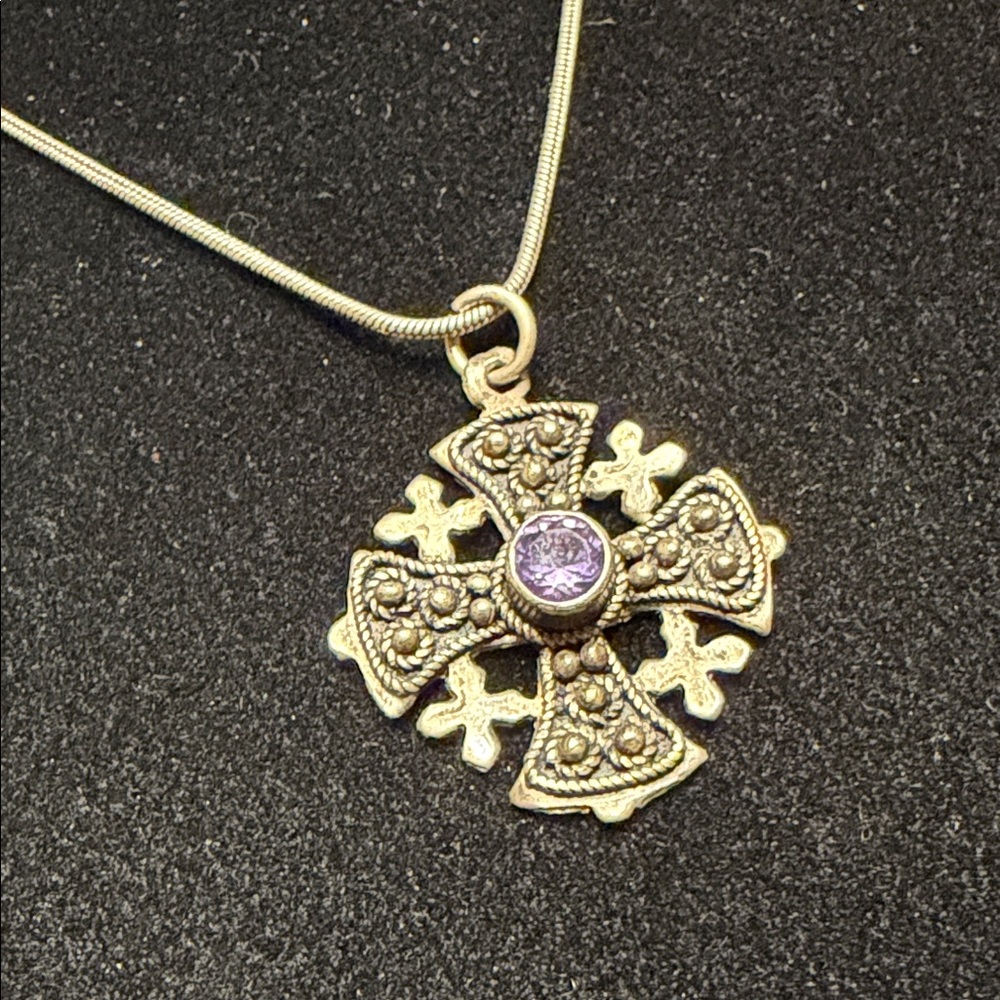975 Jerusalem Silver Cross Pendant with Amethyst Stone Accent